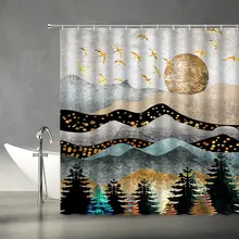 

Abstract Mountain Shower Curtain Forest Tree Sun Flying Birds Scenery Colorful Art Painting Fabric Bathroom Decor Set with Hooks