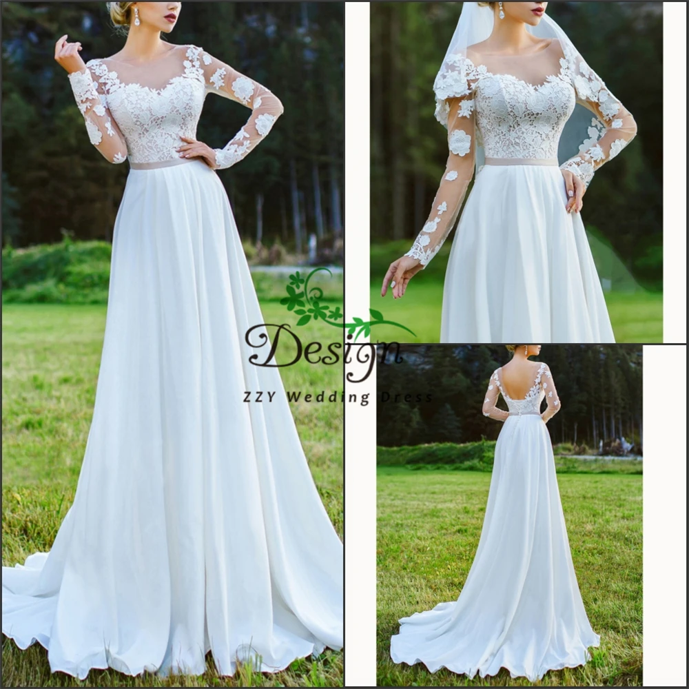 

Romantic Wedding Dresses White Long Sleeves Illusion Appliques Chiffon Bridal Gown Scoop Sashes Custom-Made Wedding Dresses