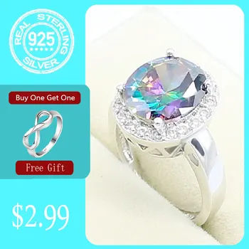 

925 Sterling Silver Ring For Women Oval Rainbow Topaz Jewelry Free Gift