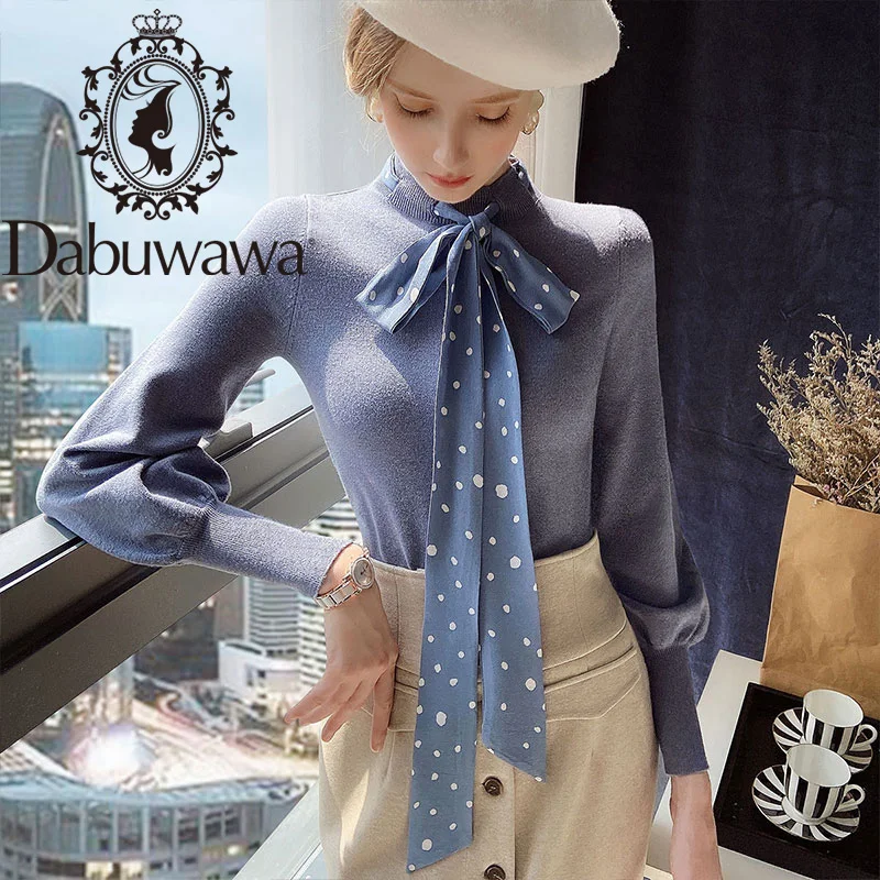 

Dabuwawa Dot Lace Up Bow Neck Pullover Sweater Women Autumn Winter Lanter Sleeve Solid Knit Sweaters Female Slim Fit DT1DKT016