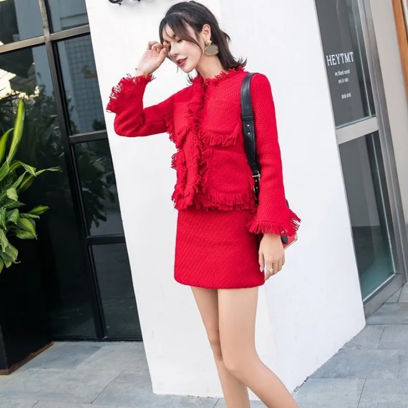

Elegant Womens Red Tassel Tweed Short Coat Mini Wrap Skirt Two Piece Set 2020 New Spring Single Breasted Jacket Office Skirt Set