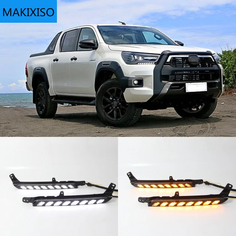 

1Pair Car LED headlight Daytime Running Light For Toyota Hilux Revo Rocco 2020 2021 Turn Yellow Signal DRL Daylight