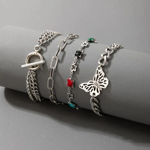 4pcs/sets Bohemian Butterfly Chain Bracelets for Women Colorful Dripping Oil Geometric Word Buckle Metal Jewelry 18235