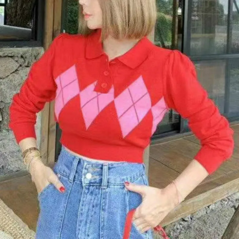 

2020 Autumn Argyle Sweater Women Long Sleeve Crop Top Korean Polo Collar Fashion Knit Sweater Ladies Slim Pullovers Sueter Mujer