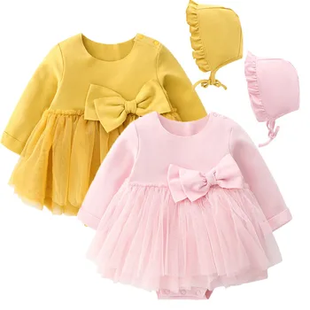 

Autumn Newborn Baby Girl Dress Long Sleeve Bow Christening Birthday Dresses Princess Girls Clothes Vestidos Hats