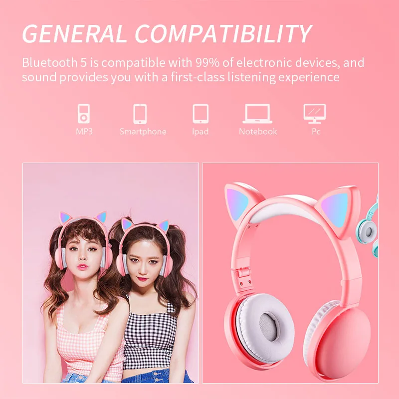 Cute Cat Ear Wireless Headphones Kids Girl Bluetooth 5 0 Music Stereo Headset Noise Cancelling Luz LED Earphones With Mic Gift
