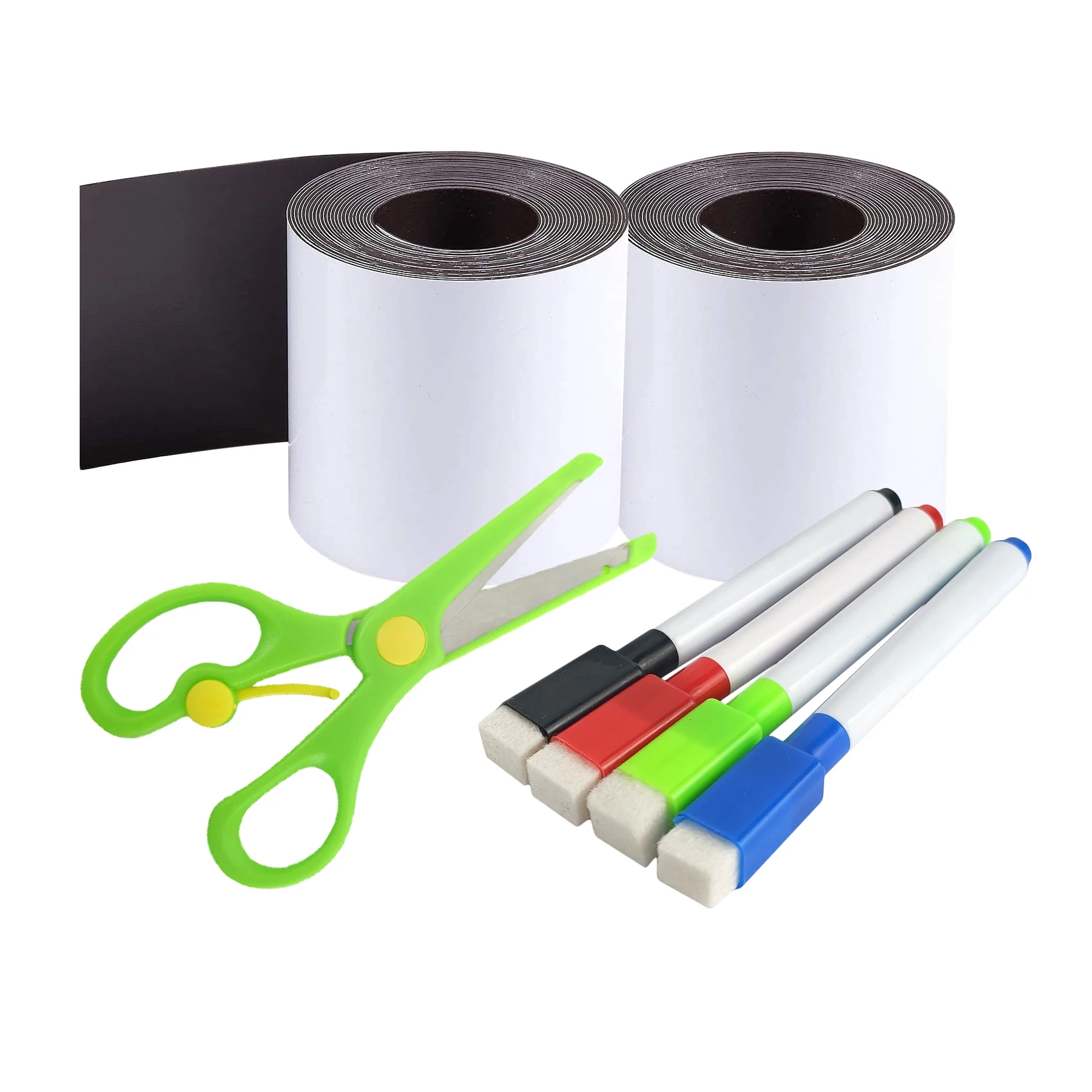 

Aventik Dry Erase Strong Magnetic Tape with 4 Colors Erasable Marker and Scissors Smooth Rewritable Surface