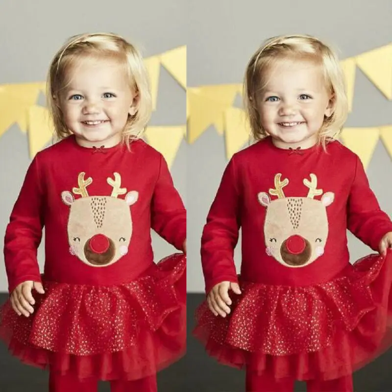 Focusnorm Fashion Toddler Kid Baby Girl Christmas Xmas Dress Clothes Long Sleeve Lace Tutu Dress