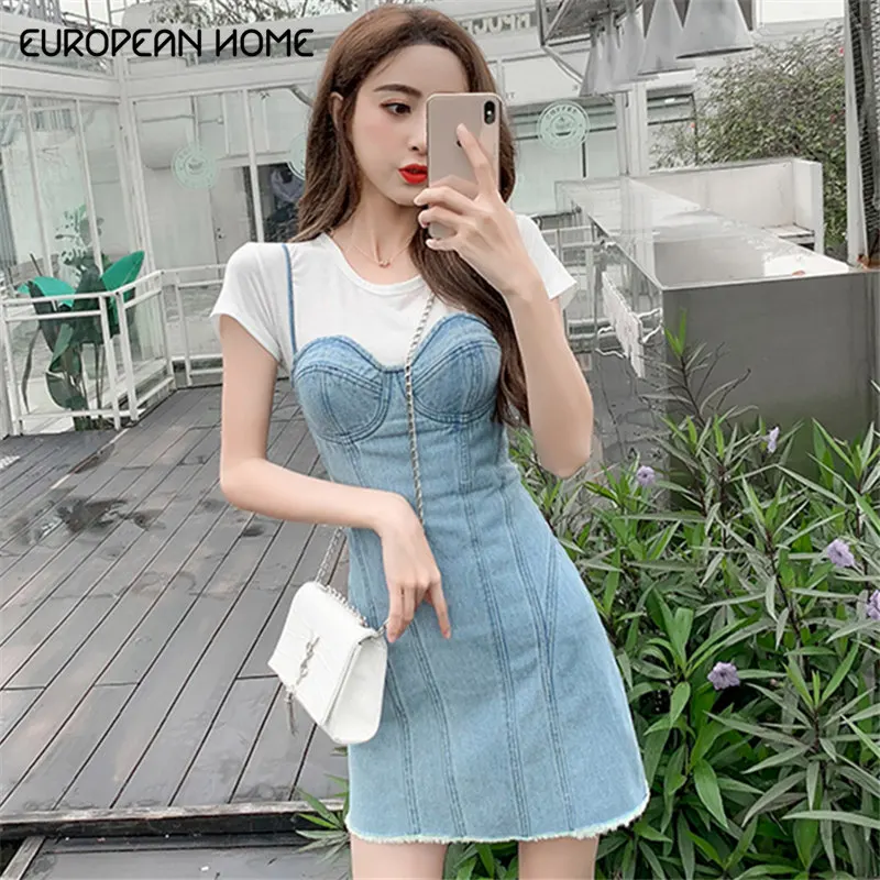 

New Summer dress 2019 Sexy Package Hip Tube Top Strap Denim Dress Slim Solid Color High Waist Fashion Elegant Dress women 1016