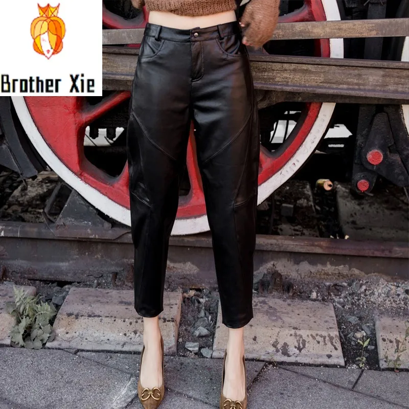 

Spring New Women Loose Fit Ankle Length Pants Sheepskin Pencil Pants Streetwear Trousers Ladies Casual Genuine Leather Pants 4XL
