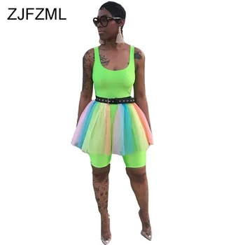 

Neon Green Sleeveless Sexy Bandage Playsuit Women Backless Rainbow Pleated Mesh Spliced Bodysuit Summer Bodycon Short Jumpsuit