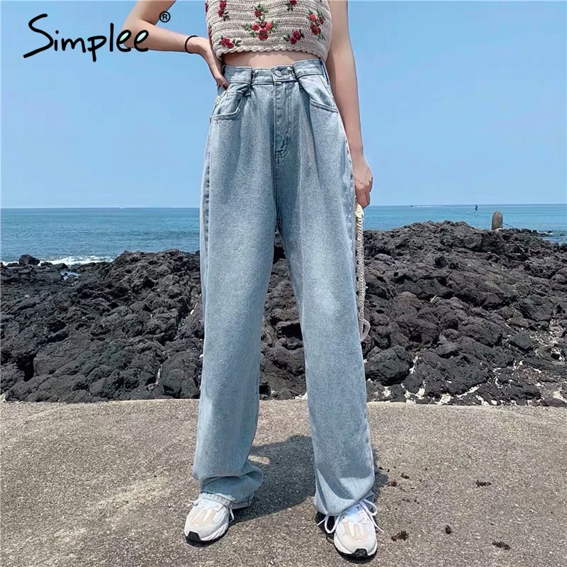 

Simplee Streetwear high waist women pants Casual loose straight female trousers 2019 Denim solid ladies retro autumn winter pant