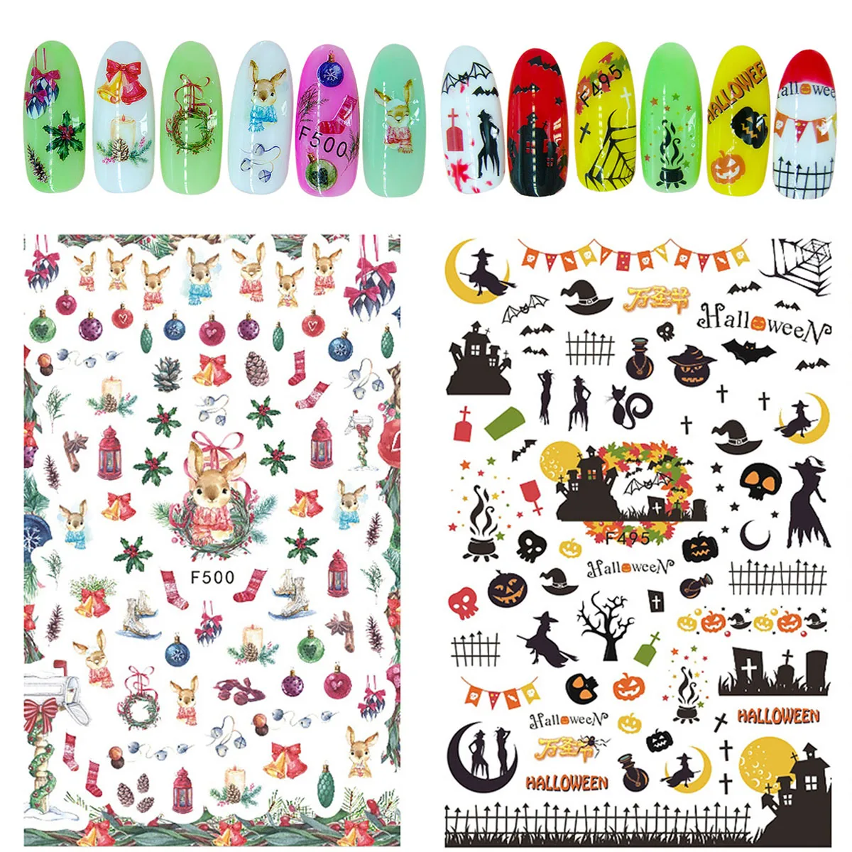 

Halloween Christmas Nail Art Self-Adhesive Stickers Decals for Women Girls Kids 3D Nail Stencils Designs Manicure DIY Nail Salon