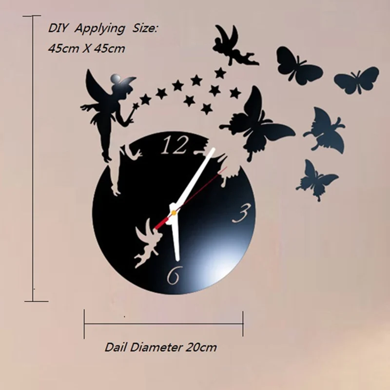 Wall stickers for kids rooms girls fairy butterfly self adhesive acrylic mirror stickers watch modern room bedroom home decor