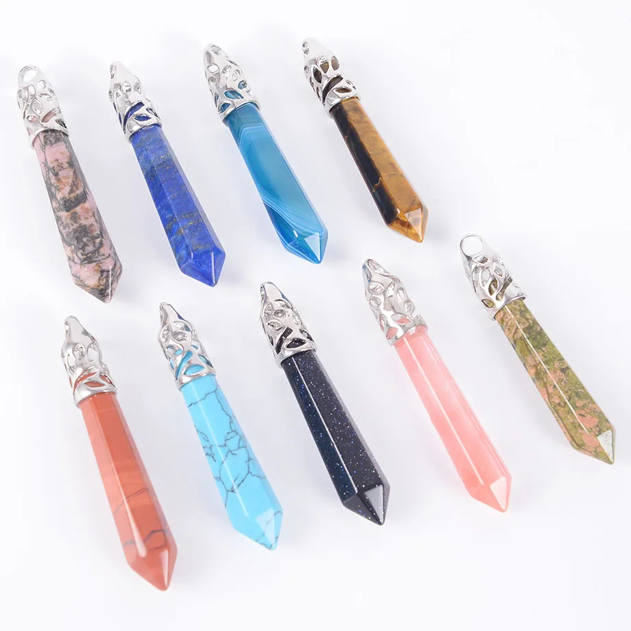 Reiki Natural Gem Stone Beads Blue Sand Long Hexagonal Prism Healing Point Opal Necklace Pendants Men Women Jewelry D626—D630 | Украшения