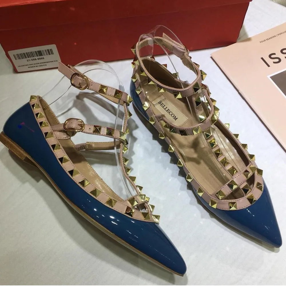 BELLECOM V rivet pointed flat shoes with two circles of leather binding with flat heel and shallow opening rivet shoes