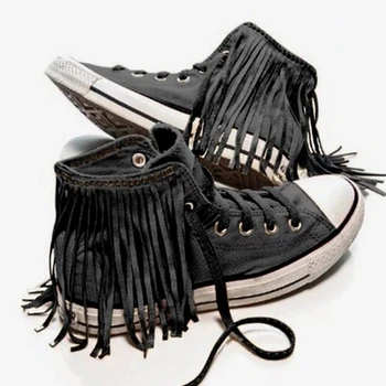

BLWBYL Flat Canvas Shoes Women Classic Casual Vulcanize Shoes Girls Sneakers High-cut Lace-up Tassel Trainer Shoes Ladies