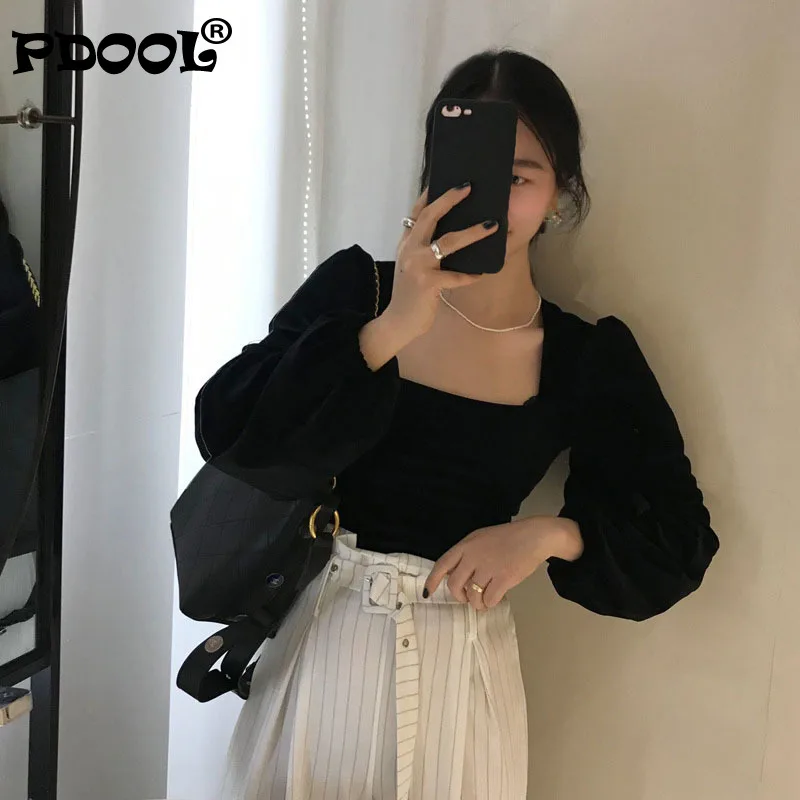 

Женская Вельветовая блузка в стиле ретро с квадратным вырезом