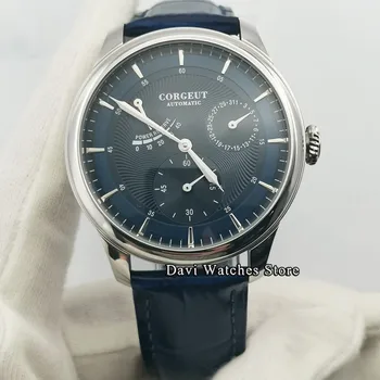 

New Power Reserve Mens Watch Corgeut 40mm Luxury Blue Dial Steel Case Leather Seagull Automatic Clock Wristwatches Male