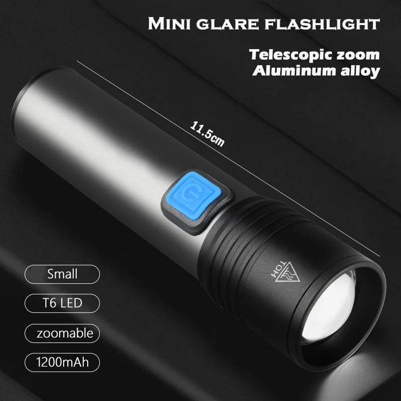 USB Rechargeable LED Flashlight With T6 LED Built-in 1200mAh lithium battery Waterproof camping light Zoomable Torch