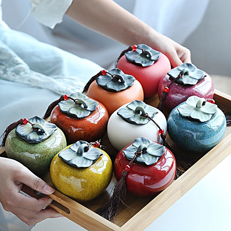 Tea Tin Box Tea Canister Chinese-style Ceramic Simulation Persimmon Tea Cans Household Portable Mini Cans Gradient Color Tin Foil Sealed Storage