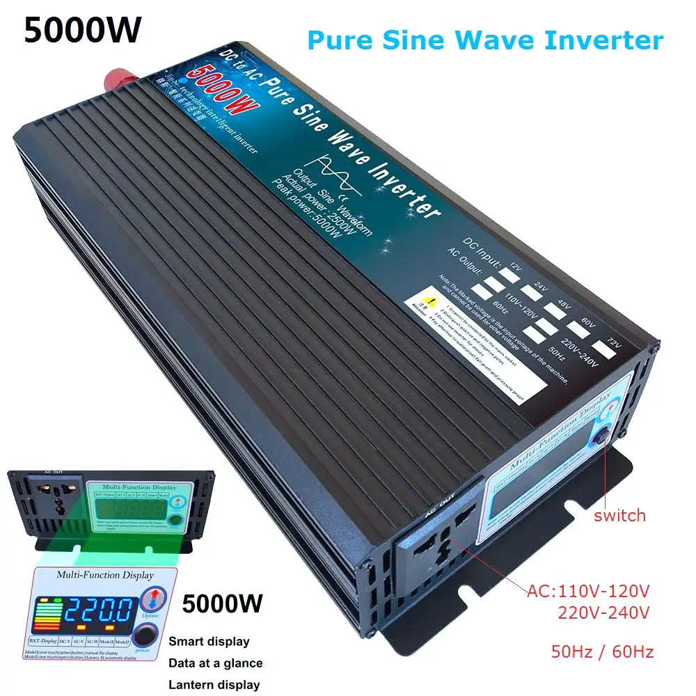 US $101.44 Inverter 4000W 5000W Pure Sine Wave Inverter DC12V 24V 48V 60V To AC 110V 220V Solar Power Voltage Converter Car Household