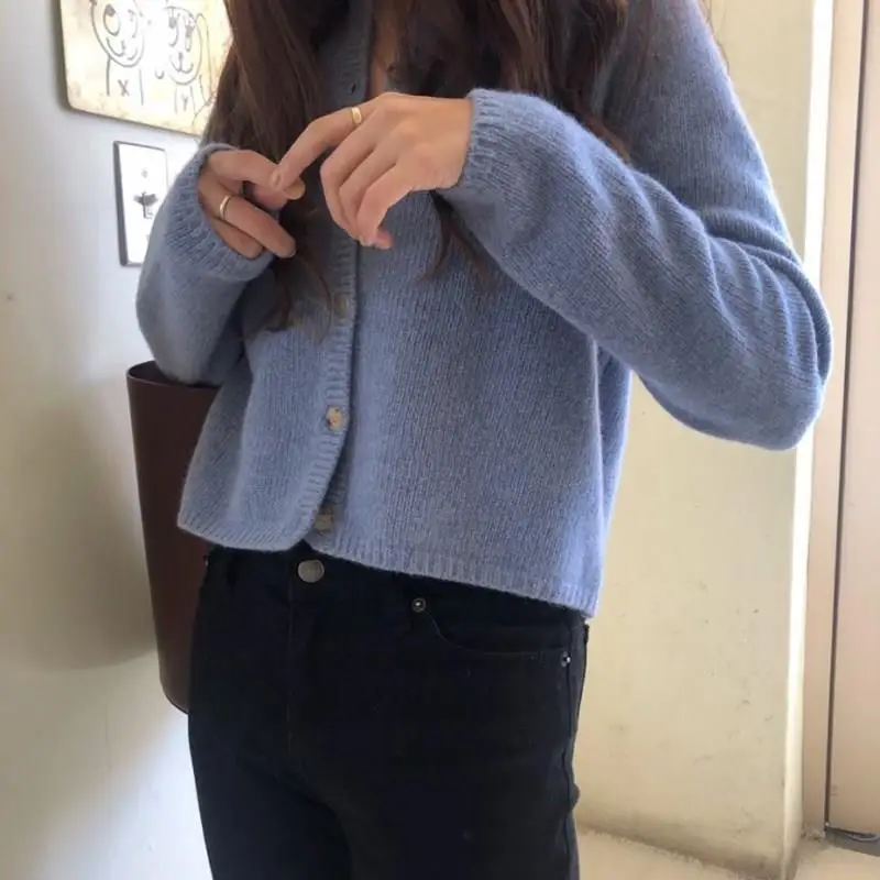 

Women Solid Wool Knitted Short Sweaters Fall O-Neck Oversized Cardigans Open Stitch Long Sleeve Loose Single Breasted Cardigans