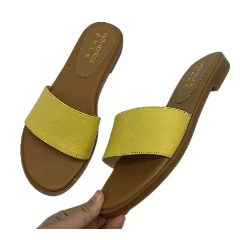 

100% Cow Leather Women Slippers flats Sandals Flat Heel Casual Ladies Outdoor Female Slides Size 41 42 43