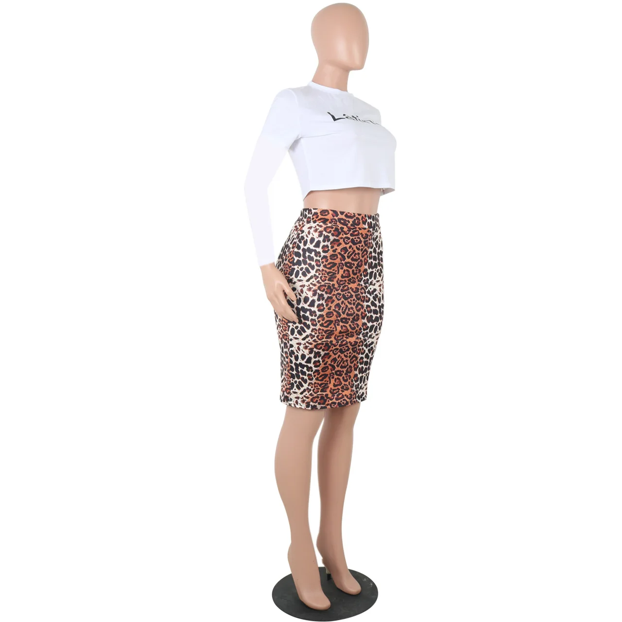 Сексуальная юбка из двух частей с буквенным принтом, комплект женской одежды, круглый вырез, длинный рукав, укороченный топ+ неоновая леопардовая миди, обтягивающая юбка, спортивный костюм