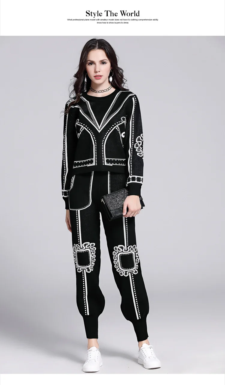 Комплект из двух предметов для женщин Круглый вырез вышивка геометрический свитер с длинными рукавами+ шаровары трикотажные костюмы Женский Повседневный костюм DS8021