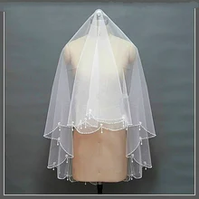 Реальные фотографии, свадебная фата с отделкой бисером по краям, белая Фата цвета слоновой кости, фата невесты, два слоя, фата до локтя