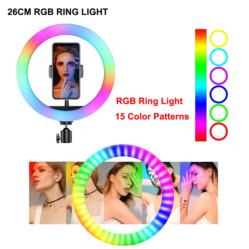 

Кольцевой светодиодный светильник, 10 дюймов, 26 см, RGB, со штативом и зажимом для телефона