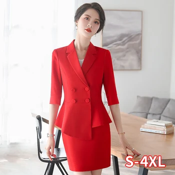 

Women Professional Skirt Suits Office Lady Cloth Seven-quarter Sleeve Suit Red Black Slim Overalls Formal