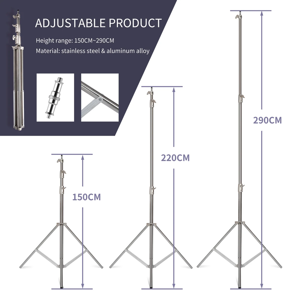 290cm Air Pressure Tripod Bearing 10kg for Camera Stainless Steel Light Stand For Ring Light Live Youtube and Photography Soft — view 4