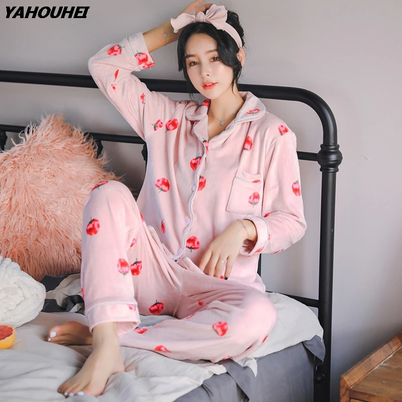 

2019 Winter Thick Warm Flannel Pajama Sets For Women Long Sleeve Cardigan Coral Velvet Pyjama Pijama Sleepwear Homewear Clothing