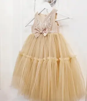

New Champagne Baby Girl Dresses for Party Sequins Puffy Tulle Children Birthday Party Gown Custom Made