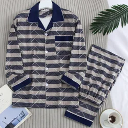 Pure Cotton Men's Homewear Pajamas Suit Respective Stripes Long Sleeve Increase Comfortable Breathable Elasticity Simple Natural