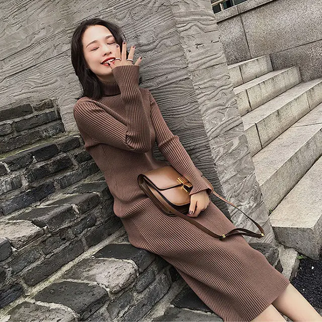 Knitted dress women's long sleeve midi 2020 Autumn and Winter new warm high collar thickened over knee sweater bottom skirt