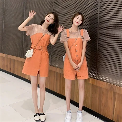 

Online Celebrity Best Friend-Women's Summer 2019 New Style Students Mock Two-Piece Dress Suspender Pants T-shirt Loose-Fit Two-P