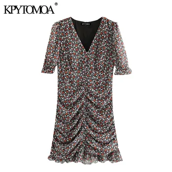 

KPYTOMOA Women 2020 Chic Fashion Floral Print Draped Mini Dress Vintage V Neck Short Sleeve Side Zipper Female Dresses Vestidos
