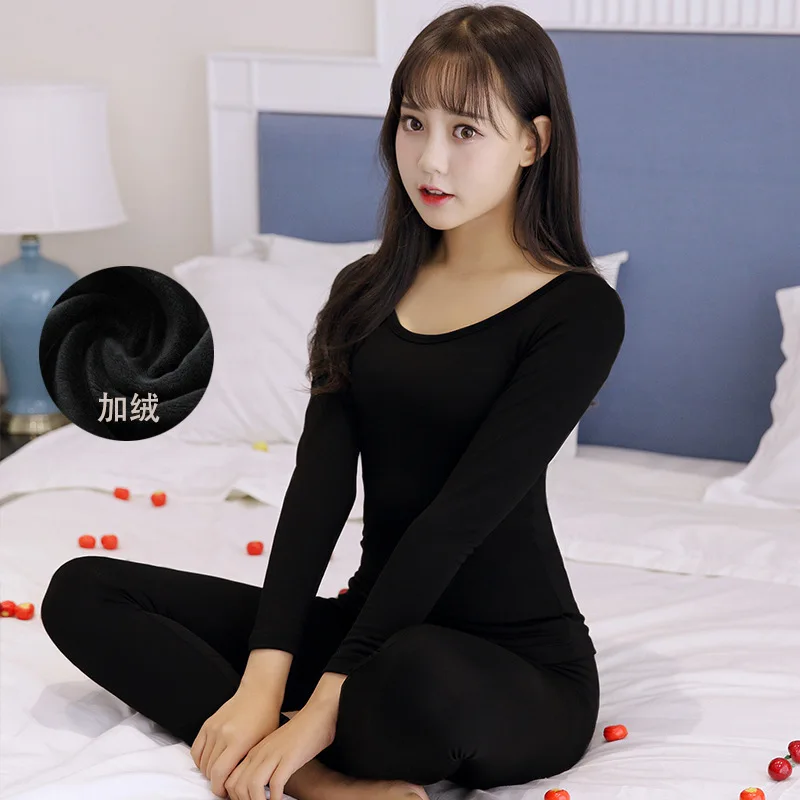 

New Style Autumn & Winter Solid Color Warm Pajamas Women's Crew Neck plus Velvet Suit 190 Grams 5-Color 4 Code Tracksuit Korean-