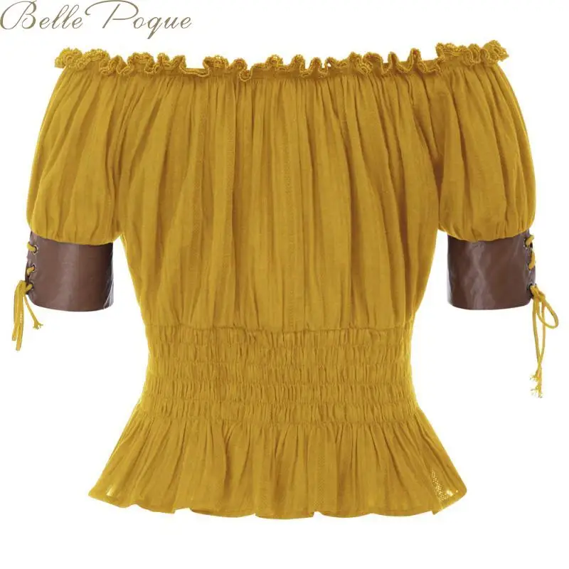 Belle Poque, женские топы, винтажная рубашка, с открытыми плечами, половина рукава, готические топы, Ретро стиль, для девушек, стимпанк, повседневная одноцветная футболка