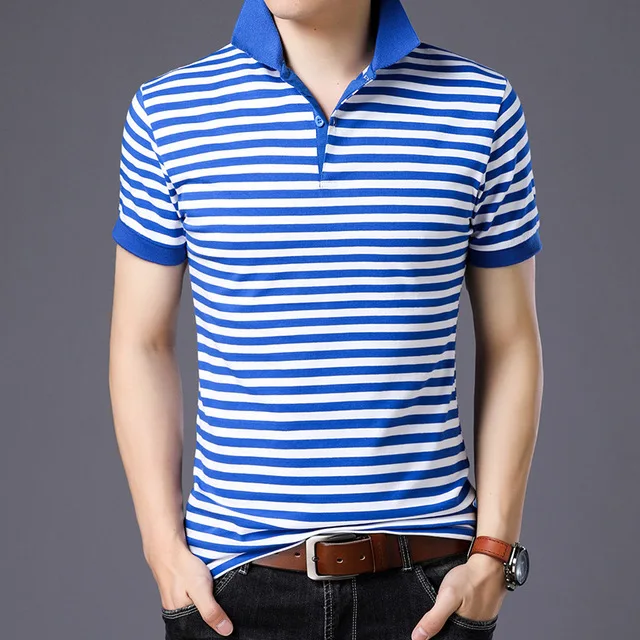 Повседневный дизайн, стильная брендовая летняя полосатая рубашка поло из 95% хлопка, Мужская модная футболка с короткими рукавами размера плюс M-5XL 6XL, топы, футболки, одежда - Цвет: ASIAN SIZE FM666 LB