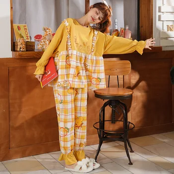 

New Spring Autumn Women Pajamas Set Sleepwear Sweet Cute Cartoon 2PCS Nightwear Sleep Set Casual Loose Homewear Cotton Pijamas