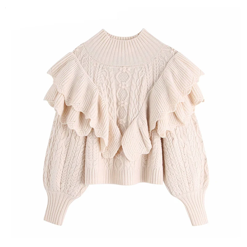 

Women 2020 Fashion Ruffled Cropped Knitted Sweater Vintage High Neck Lantern Sleeve Female Pullovers Chic Tops