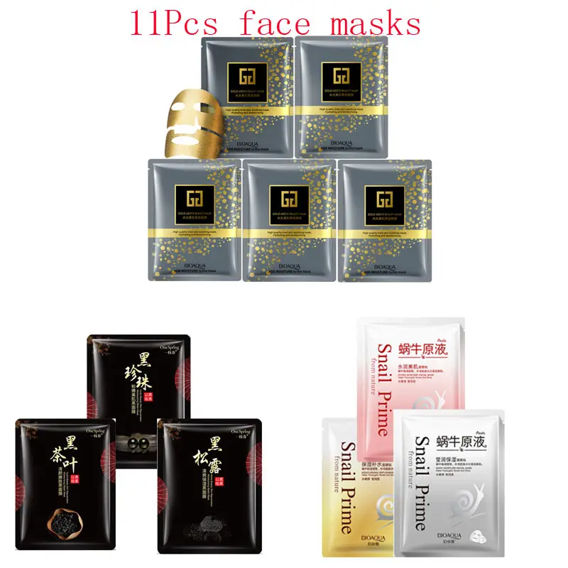 

11Pcs mixed 24K Gold mask snail detox tea Collagen extraction Face Mask Moisturizing Anti-Aging black Facial Masks skin care
