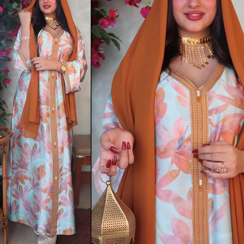 AB110 Ramadan Abaya Muslim Nation Djelaba Blanche The Middle East Apparel Printing Long Dress Formal Caftan Marocai Dubai Robe |