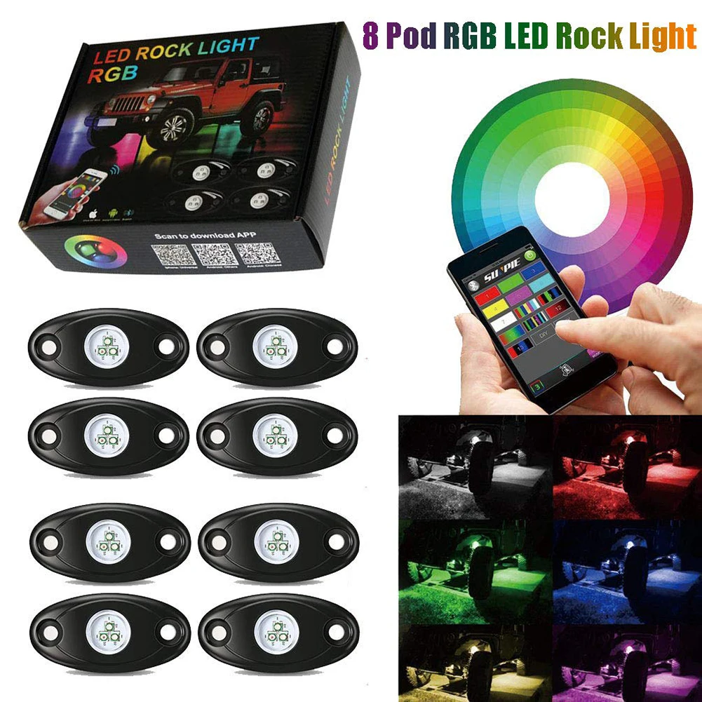 8 Pod RGB светодиодные горные фонари Водонепроницаемые огни для украшения автомобиля Поддержка Bluetooth приложение управление автомобильные аксессуары