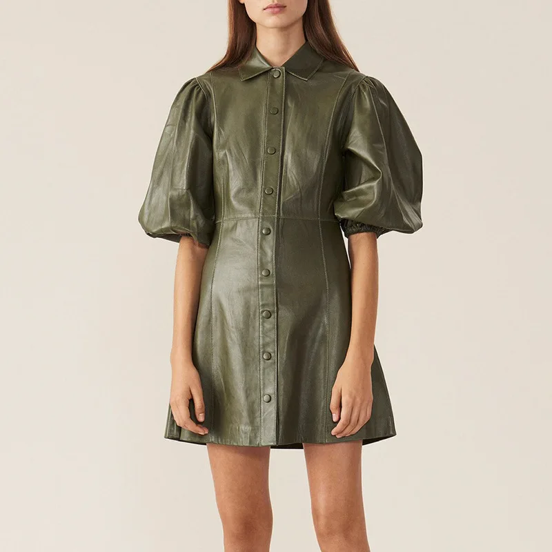 YNZZU Chic авокадо зеленое платье из искусственной кожи для женщин осенний винтажный буф рукав женский PU ТРАПЕЦИЕВИДНОЕ короткое платье vestidos AD293