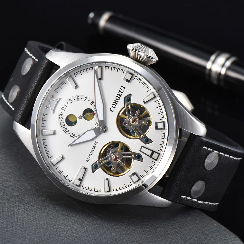 

Corgeut 47mm Watch Men Top Luxury Brand self-wind Automatic Mechanical Watch Double flywheel Date Sport Luminous Male Wristwatch